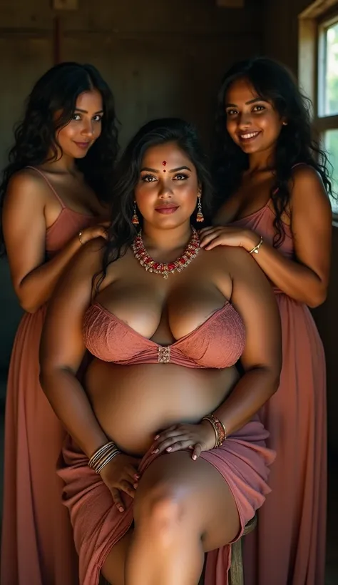 photo of Voluptuous Mature plus size Indian cute Bengali Aunty with dusky skin, wearing mini skirt and strapless bra , showing her large Cleavage, show her navel, Red Vermilion on her hairline , Shakha Pola bangles in her hand, Hair messed up, nice curves,...