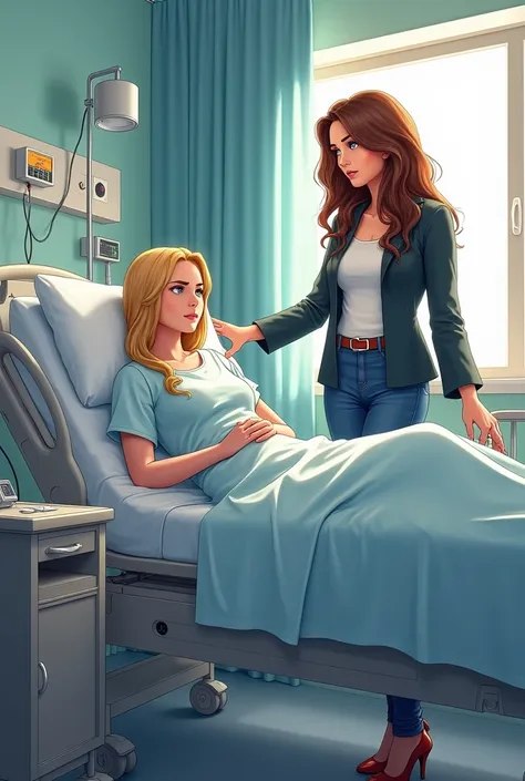 Its a poster for a series idea...
Ana Fernández will be called Gabriella in the series and Blanca Suárez will be called Maria . 
I would like you to make a poster with Gabriella sitting on a hospital bed she is sick and in hospital clothes with Maria stand...