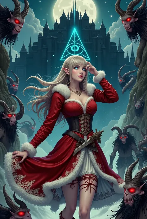 (Ultra-detailed face, Looking away, Fantasy Illustration with Gothic. Dark tone colors.), BREAK 
(Eladrins female Santa Claus is touching her hair and looking up with sleepy eyes at the dark tower, a stepped structure like the ancient Mesopotamian temple c...