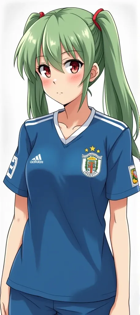  Create an image of the anchovy from Girls und Panzer create anchovies with the cruzeiro club jersey description Anchovy is a girl with long light green hair tied in twin ponytails and reddish-brown eyes. She wears contact lenses . During the matches .  de...