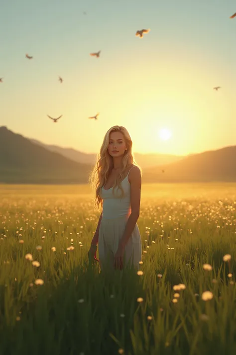 Sunrise, field, Wyoming, Morning glow, morning dew, woman, long blonde hair