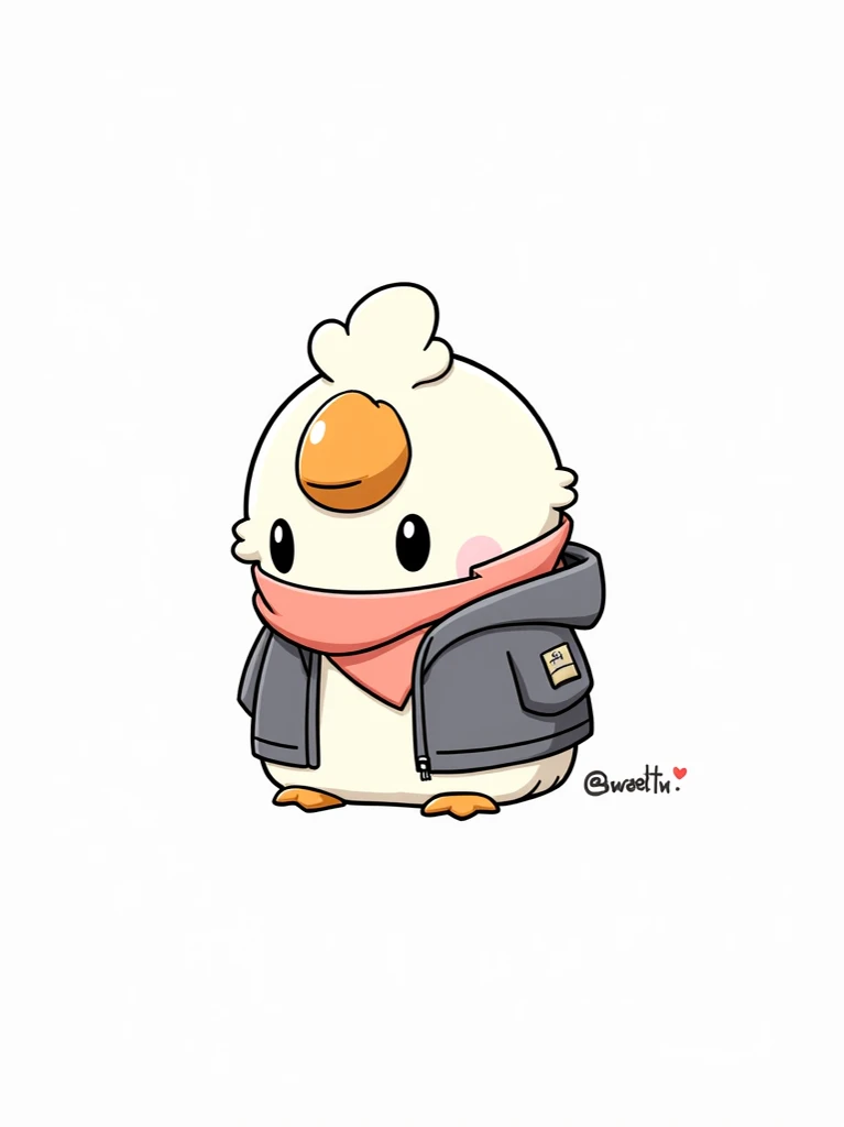 A cartoon illustration of a stylized chick-like creature, viewed from the chest up and slightly angled to its right, against a plain white background. The creature appears to be wearing a dark gray jacket and a coral-colored scarf wrapped around its neck. ...