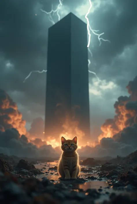  A huge disaster that reaches the sky 々The cutest brown tiger pattern kitten in the world stands in front of the black tower、((Realistic:1.3))、 dark clouds are set in the sky and there are many streaks of lightning running 、Cinematic lighting、Ridiculously ...