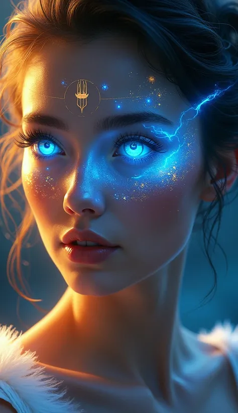 A mystical Sagittarius woman with eyes illuminated by vibrant blue and golden light, casting a magical glow. Her face is adorned with glowing Sagittarius symbols, and radiant light trails swirl gently around her, blending with a background of celestial fla...