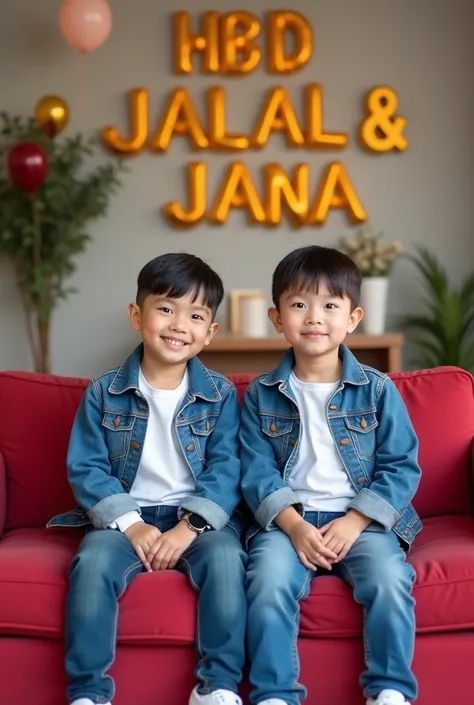 2 handsome Asian twin boys aged s, they are wearing a pair of white t-shirts, covered with a blue jeans jacket, wearing jeans, wearing white shoes, wearing a watch, short and neat hair, sitting on a red sofa in front of the house , and there are 3D embosse...