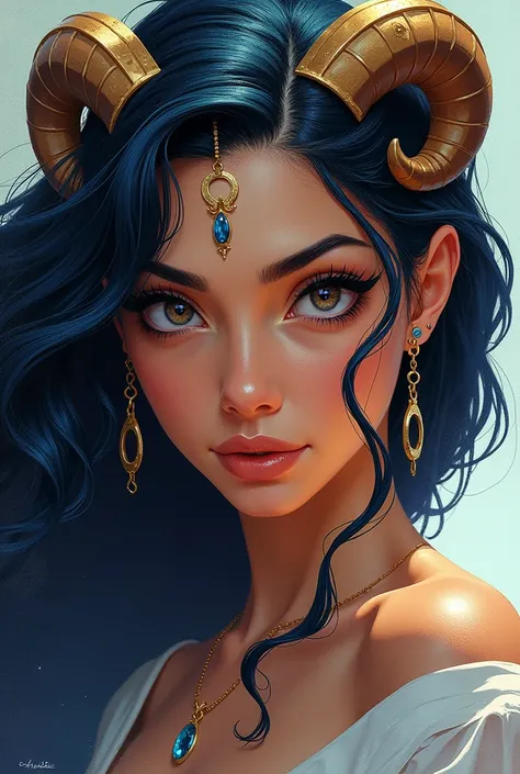 draw me iris or (Eris) from Sinbad, should be 2D and not 3D, close up frame of her face and Aries sign vibes added to the art
