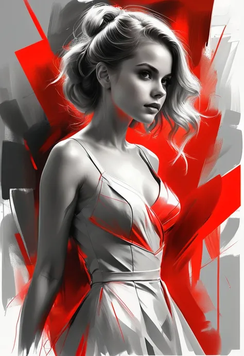 Pencil Sketch Drawing, line art drawing, a elegant beautiful full body young woman, combination of Erin Moriarty:0.9, joey king:0.7, Rachael Taylor:1.2, wearing tango dress, style oФ Casey Baugh, style oФ Pino Daeni(her silhouette outlined with glowing red...