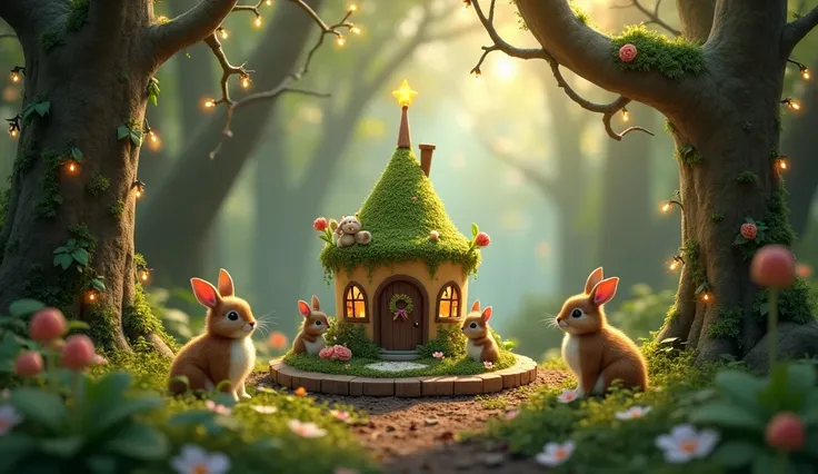 "A whimsical forest birthday party with fairy lights draped over ancient trees, a cake designed as a mossy fairy house, small woodland animals in the background, ultra-HD and magical."

