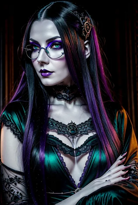 gothic woman,  long dark purple hair ,  emerald green eyes with vertical pupils ,  pale skin with shades of blue , curved red lips ,  round dark lenses with carved silver frames,  black and purple clothes with lace and velvet ,  dark romanticism style ,  f...