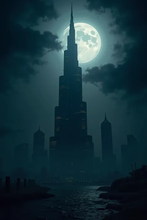 (masterpiece, top quality, very detailed depiction, Incredible Hi-Res,Photographic images), Tower of Darkness,A tower shaped like the Burj Khalifa,Night Sky, Huge Moon, dark atmosphere , Dark ,Dark World ,Dark Clouds,thunder, creepy atmosphere