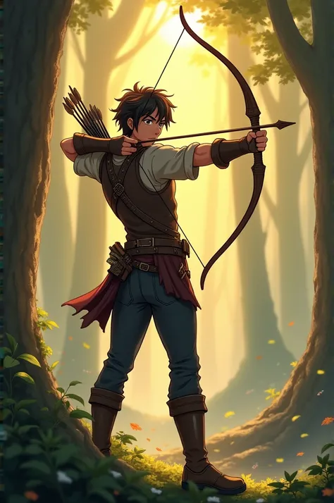 **Description for the image:**  

 A young archer agile and determined look ,  with a strong and elegant posture while holding a polished wooden longbow .  He wears a tight shirt in earth tones ,  with a leather vest to protect himself during combat .  His...