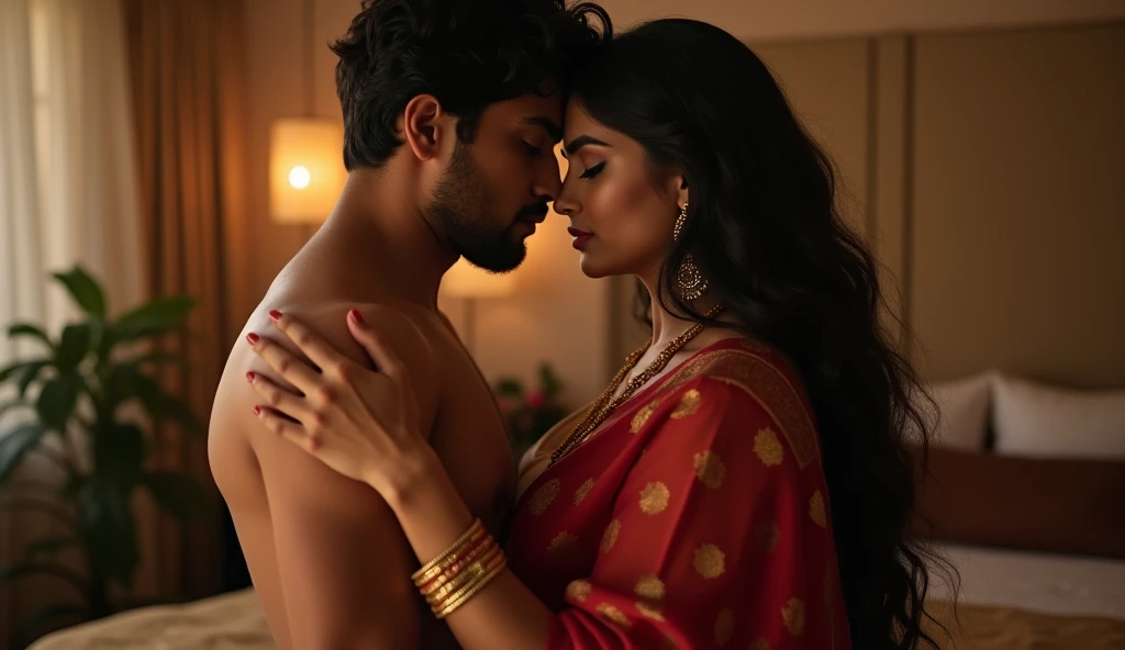 The beautiful Indian chubby woman feeling aroused dropping her saree down in front of a young man ,leading him to her bed having romance
A high-quality realistic visual 