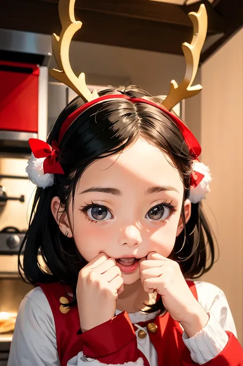 (masterpiece, best quality:1.1),
(pop style),flat color,girl,girl has reindeer antlers on her head,she is cooking christmas pizza in kitchen,cute face,(tween),room,beautiful lighting,great joy,photographic portrait, sharp,Illustration by okama,precise fing...