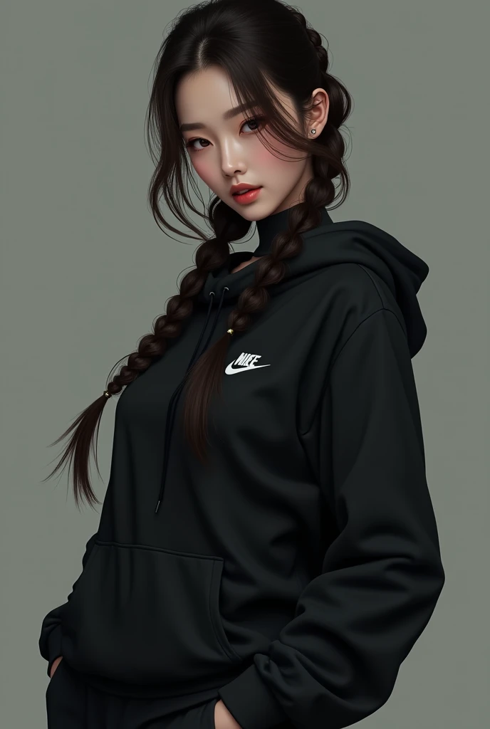 A beautiful Korean brunette with slanted eyes and long braided hair wearing a black Nike hoodie and matching black Nike pants, 