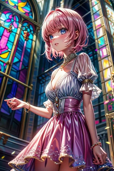 1girl,solo,(((pink short hair,blue eyes))),gigantic breast,cleavage, (Cathedral from below:1.28) (ZoomLayer) TopQuality 8K masterpiece of ((Professional photo)), (((Clarisse de Cagliostro))) (Detailed White WeddingDresses), Chain, (((Extremely detailed KAW...