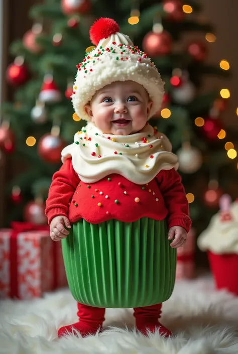 Fantasia de Cupcake Colorido
" A hyper-realistic image of a super cute  baby , standing and smiling ,  dressed as a red and green cupcake topped with fake whipped cream and colorful sprinkles.  The background is a blurry Christmas setting , with scattered ...