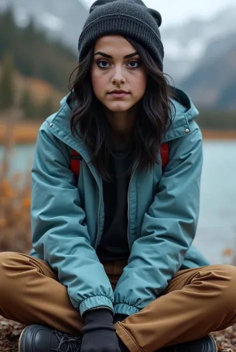   Real human photo, Fika is a young woman with shoulder length  wavy  black hair and fair skin. She has well-defined eyebrows, large black eyes,  . Wearing closed plain zipped up light blue jacket, brown cargo pant, black beannie, black mountain shoes, she...