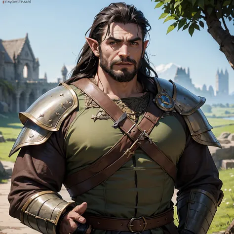 Portrait of a (half-orc (male) warrior), front view, (medium shot:1.3), one person standing, stooped build, tall and muscular build, long messy dark brown hair and beard, thick bushy eyebrows
BREAK
green eyes
BREAK
olive brown skin, pointed ears, (huge hyp...