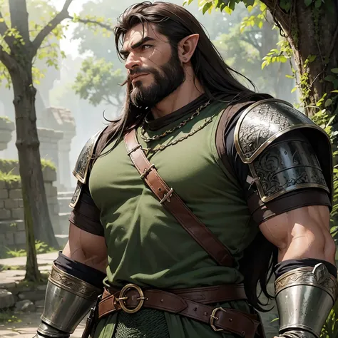 Portrait of a (half-orc (male) warrior), front view, (medium shot:1.3), one person standing, stooped build, tall and muscular build, long messy dark brown hair and beard, thick bushy eyebrows
BREAK
green eyes
BREAK
olive brown skin, pointed ears, (huge hyp...