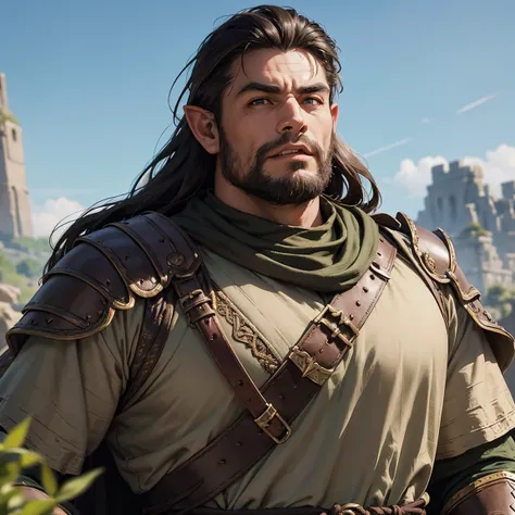 Portrait of a (half-orc (male) warrior), front view, (medium shot:1.3), one person standing, stooped build, tall and muscular build, long messy dark brown hair and beard, thick bushy eyebrows
BREAK
green eyes
BREAK
olive brown skin, pointed ears, (huge hyp...