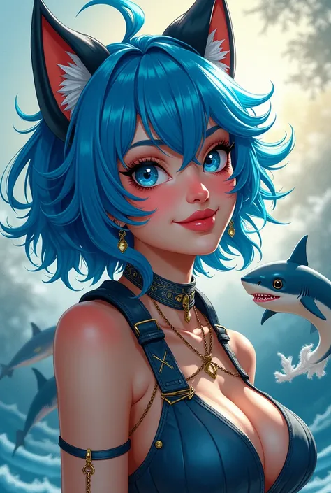 Girl blue hair league of legends jinx cat ears shark pet