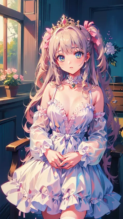 (8k, top quality, masterpiece : 1.2), Ultra-high definition ,,  Marie Antoinette  ,  super detailed face ,fine grain,  just the entrance to the basement of the castle  ,( blonde alone ),  long hair,  wavy hair  , break,Rococo Ruffle Dress,Long sleeve dress...