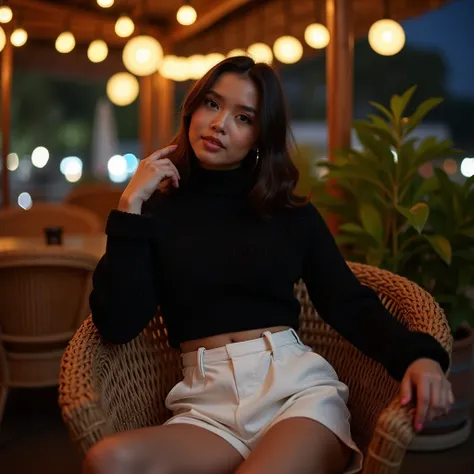  Beautiful Indonesian woman ,  wearing a black tengtop in a sweater mix, Seamless white leather contrasted with the color of the outfit ,  baggy shorts ,  sitting back in the artistic chair, di teras outdoor, enjoy the atmosphere of the nighttime