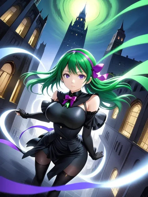 masterpiece, best quality, Dark Tower, Dark Tower, Dark Tower, night, AyahimeKurumi, 1girl, solo, green hair, long hair, purple eyes, large breasts, hair ribbon, dark costume, very wide shot, fisheye