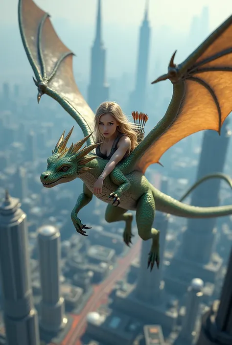 flying towards the viewer and over a futuristic city, full body, dragon-girl with a bow and a quiver of arrows on his back,