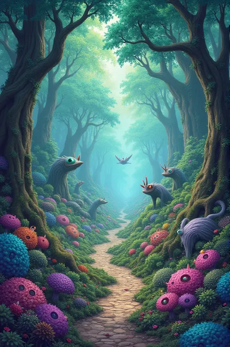 Wide shot of a whimsical forest filled with vibrant colors and fantastical creatures.)