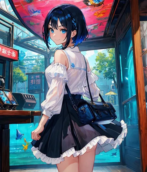 oil painting, Like a game cover、background（aquarium、amusement park、people々There is、Date Scene、blue and black contrast）、 pose（ looking back）、 character（Tree Eyes、Mean face、 red eyeliner that makes a striking impression、 ,Sparkling blue eyes、smile）、Hairstyle...