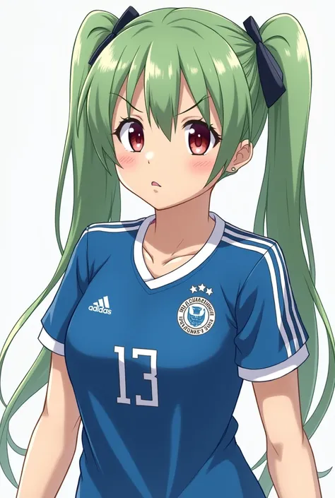 Create an image of the anchovy from Girls und Panzer create anchovy with the cruzeiro club jersey description .  Da Anchovy is a girl with long light green hair tied in twin ponytails and reddish-brown eyes. She wears contact lenses . During the matches . ...