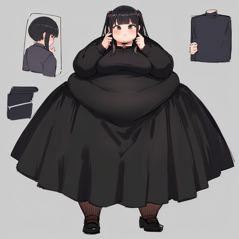 masterpiece,  best quality,Advanced Details,  long black hair,  One Girl ,Excessive obesity,  The whole dress completely covers the body.、(black long sleeve dress clothes with collar )、 high neck shirt、 Long Skirt, full body、