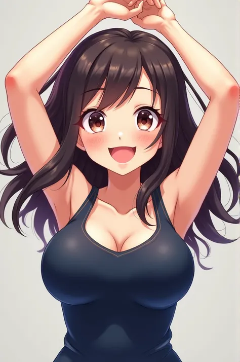 An anime girl with big breasts and big hair wearing a dark blue tank top with her arms raised upwards with a happy face