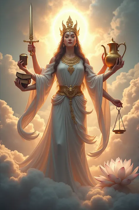 The god of justice has four hands: the first hand holds the sword, the second hand holds the book of justice, the third hand holds the pitcher of justice, the fourth hand holds the white lotus.