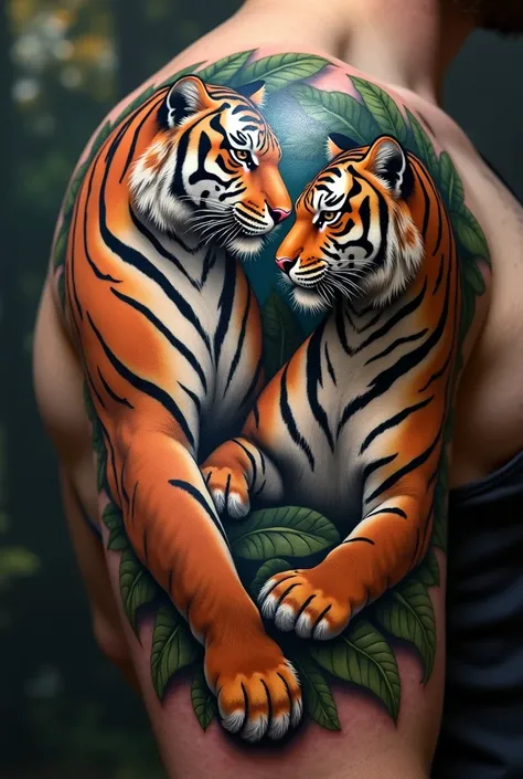 create realistic tiger and tigress tattoo in fine strokes for couple