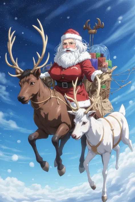 Santa Claus,Santa Claus flying amidst snowflakes in the sky, masterpiece,high quality,extremely detailed,