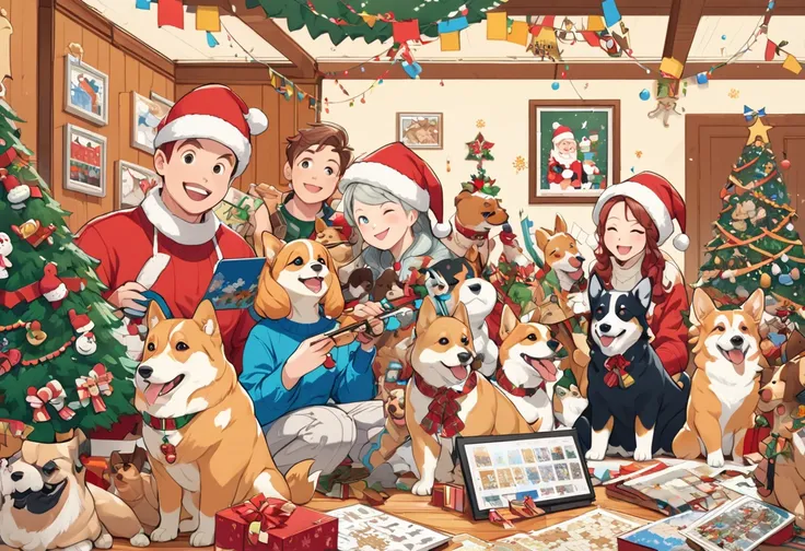 arafland illustrated picture of a group of dogs sitting in front of a  Christmas tree, merrand, a jigsaw puzzle,  breed a mix of corgi and doodles,  doodle addict , puzzle, Celebration, Thumbnail, tool, random, 8 hair -, hair,  Christmas, puzzle art, a por...