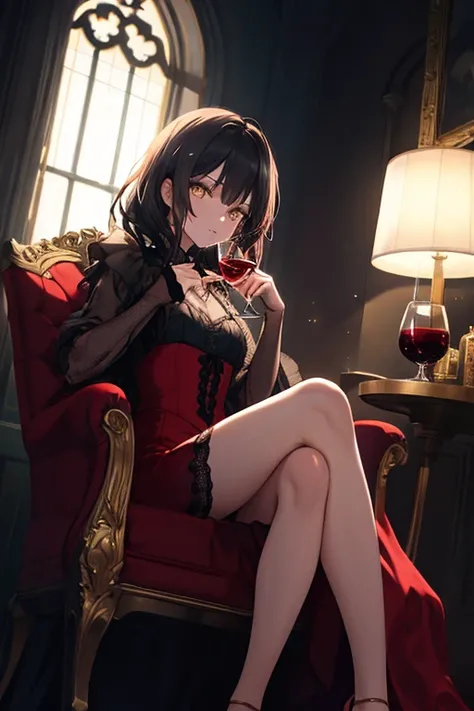 masterpiece, ultra-high quality, high resolution, 1 girl, long wave dark hair, (gold eyes:1.3) in shadow, glowing eyes, wearing deep red dress with black lace gold embroidery. She is sitting on an ornate chair. One hand holding a wine glass with red liquid...