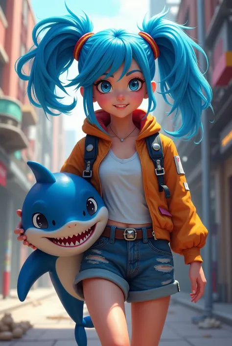 Baby girl  blue hair jinx league of legends  shark pet 