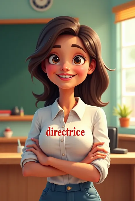 directrice des école avec marquer directrice sur sa chemise en dessin pixar