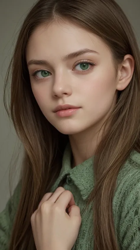 a european girl. extremely detailed face. half-closed eyes. green eyes. bored look