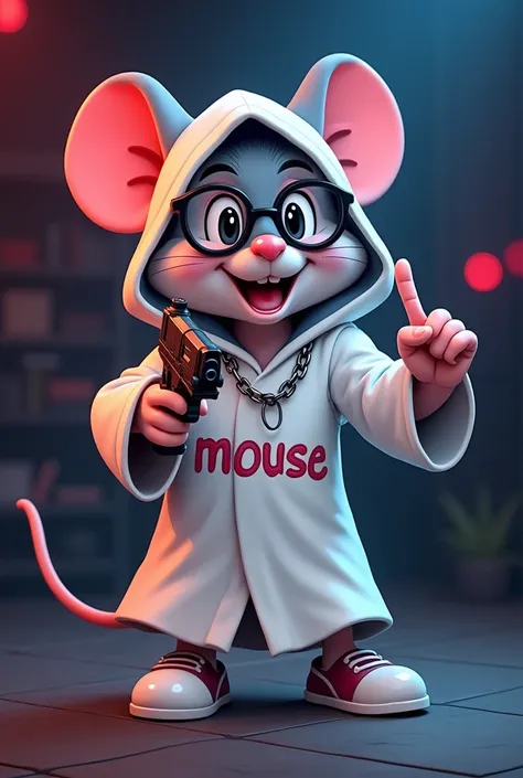 Digital cartoon illustration of a mouse wearing a white robe and doing pokkiee sign with its right hand. the mouse has a big smile on its face and is wearing glasses,chain and shoes. the background is dark with red and blue lights, giving the impression th...