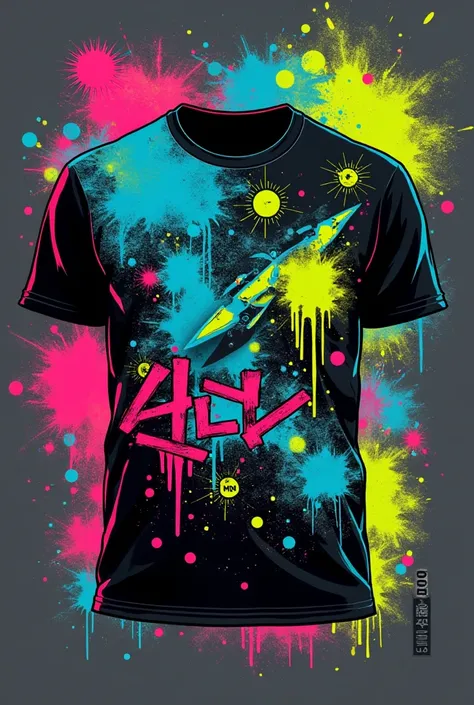 "Design a bold and trendy streetwear t-shirt featuring a fusion of urban graffiti elements and abstract geometric patterns. The design should include dynamic splashes of neon colors (like electric blue, hot pink, and lime green) against a black or dark gra...