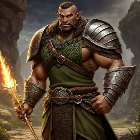 Portrait of a (half-orc (male) warrior), front view, (medium shot:1.3), one person standing, stooped build, tall and muscular build, long messy dark brown hair and beard, thick bushy eyebrows
BREAK
green eyes
BREAK
olive brown skin, pointed ears, (huge hyp...