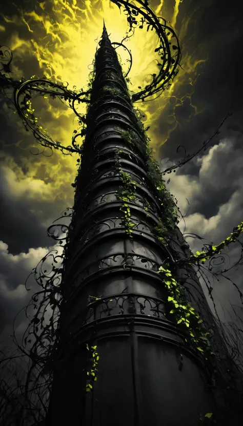 from below, The Dark Tower, a jet-black spiral cylinder reaching up to the sky, You cant see the top of the tower, a tower entwined with sinister ivy and tendrils, sinister, background ominous yellow, dark fantasy, effective effects, bold and dynamic, cont...