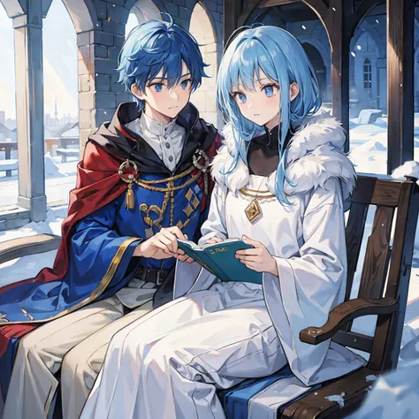 A blue-haired wizard man majoring in meteorology looks uneasy when he sees heavy snowfall in a medieval town
