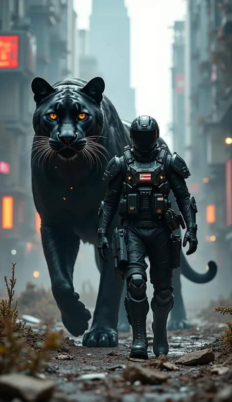 Futuristic Ruins
"A soldier in futuristic tactical armor walks forward confidently, shadowed by a colossal black panther clad in high-tech armor featuring a small glowing country flag insignia. The backdrop is a futuristic ruined cityscape with towering me...
