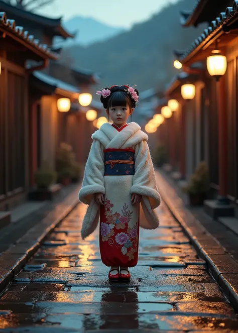  realistic , The theme is "Maiko on the stone steps ",  On the stone steps of Kyotos three-year slope , Japan, Water-soaked cobblestones ,  Street lamp reflecting on wet cobblestones ,  Maiko is standing on the stone steps,  cute girl in a furry kimono ,  ...