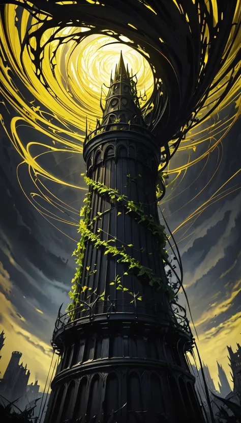 from below, The Dark Tower, a jet-black spiral cylinder reaching up to the sky, You cant see the top of the tower, a tower entwined with sinister ivy and tendrils, sinister, background ominous yellow, dark fantasy, effective effects, bold and dynamic, cont...